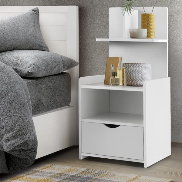 Bedside Table 1 Drawer with Shelves – EVERMORE White