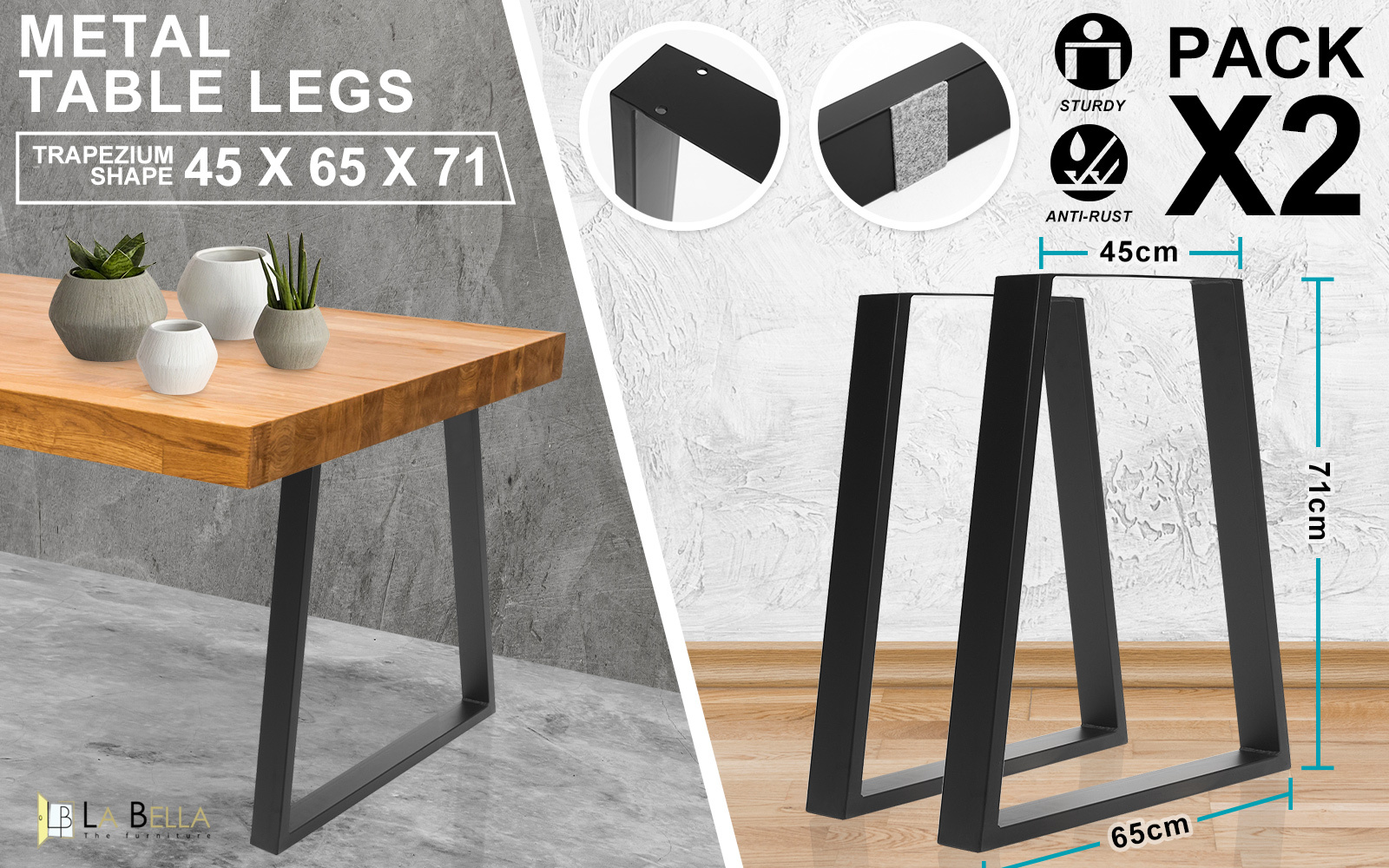 La Bella 2 Set Black Coffee Dining Table Legs Bench Trapezium DIY Steel Metal