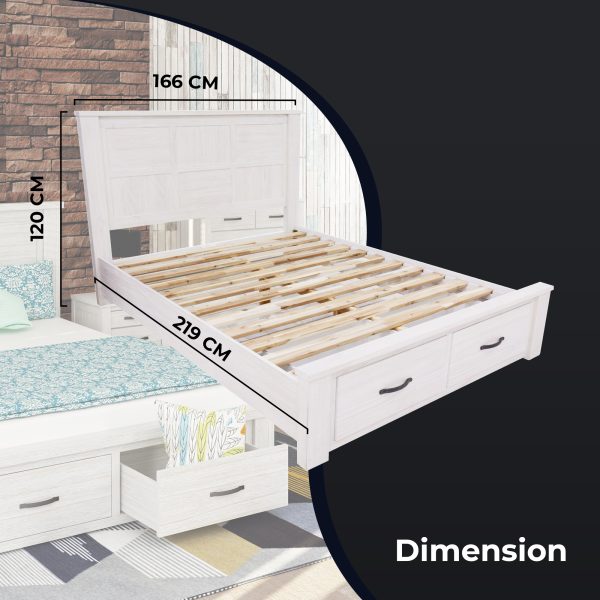 Foxglove Bed Frame Queen Size Timber Mattress Base With Storage Drawers – White