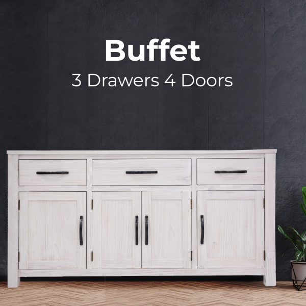 Buffet Table 158cm 4 Door 3 Drawer Solid Mt Ash Timber Wood – White