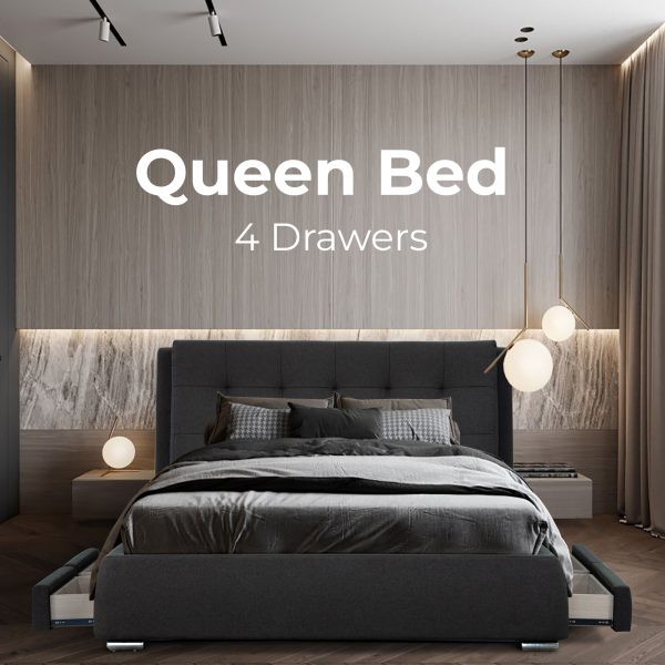 Affton Bed Frame Timber Mattress Base With Storage Drawers – Grey