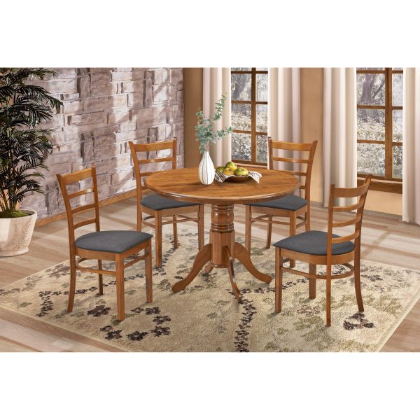 Linaria 5pc Dining Set 106cm Round Pedestral Table 4 Fabric Seat Chair – Walnut