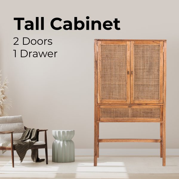 Jasmine Tall Storage Cabinet 90cm 2 Door 1 Drawer Mindi Wood Rattan – Brown