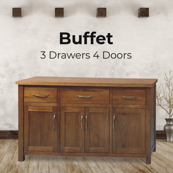 Birdsville Buffet Table 161cm 4 Door 3 Drawer Solid Mt Ash Timber Wood – Brown
