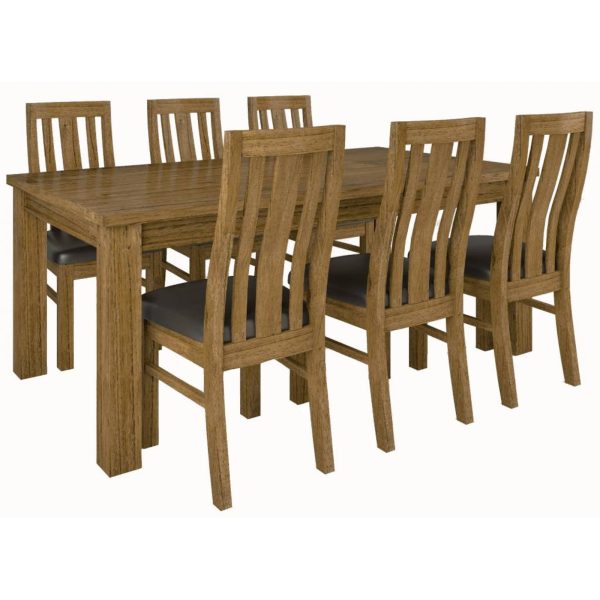 Birdsville Dining Set Table 6 PU Seat Chair Solid Mt Ash Wood – Brown