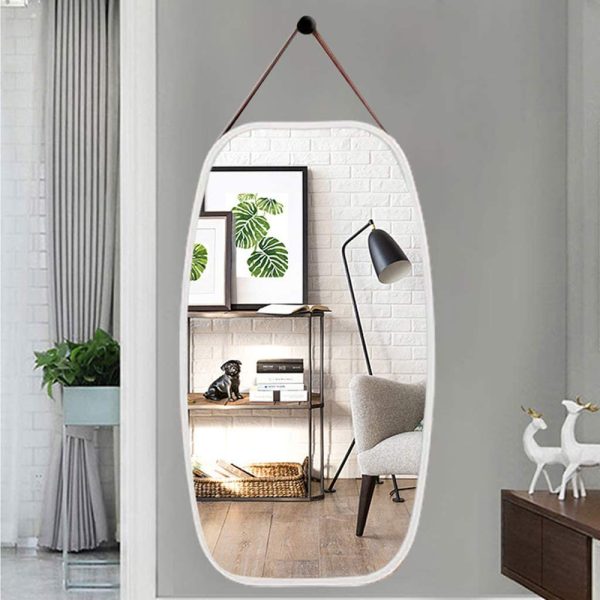 Bathroom Wall Mount Hanging Bamboo Frame Mirror Adjustable Strap Wall Mirror Home Decor