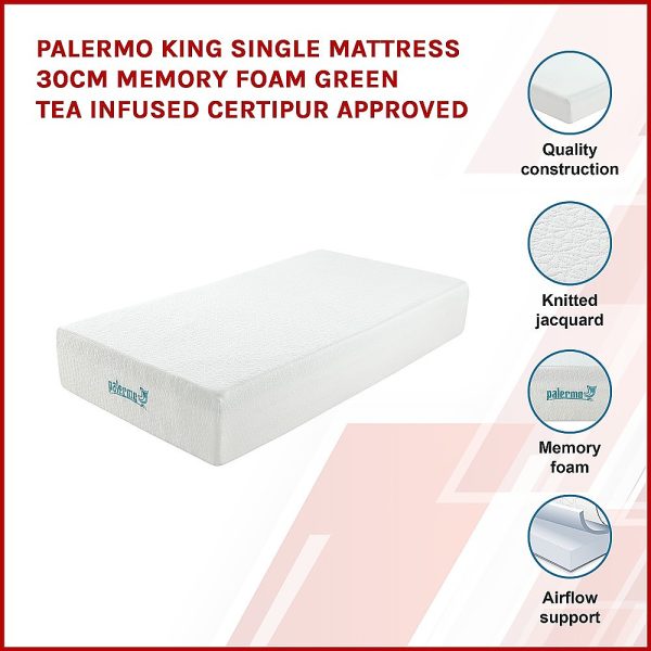 Palermo King Single Mattress 30cm Memory Foam Green Tea Infused CertiPUR Approved