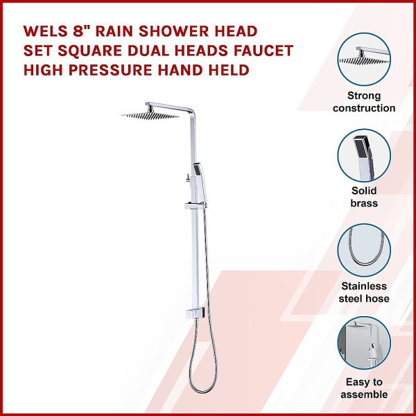 WELS 8″ Rain Shower Head Set Square Dual Heads Faucet High Pressure Hand Held