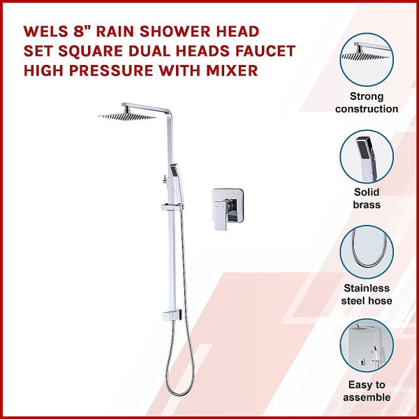 WELS 8″ Rain Shower Head Set Square Dual Heads Faucet High Pressure With Mixer