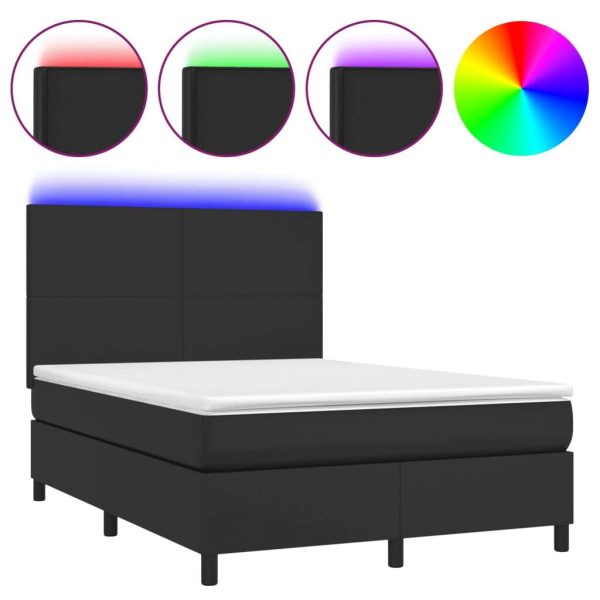 Box Spring Bed with Mattress&LED Black Faux Leather