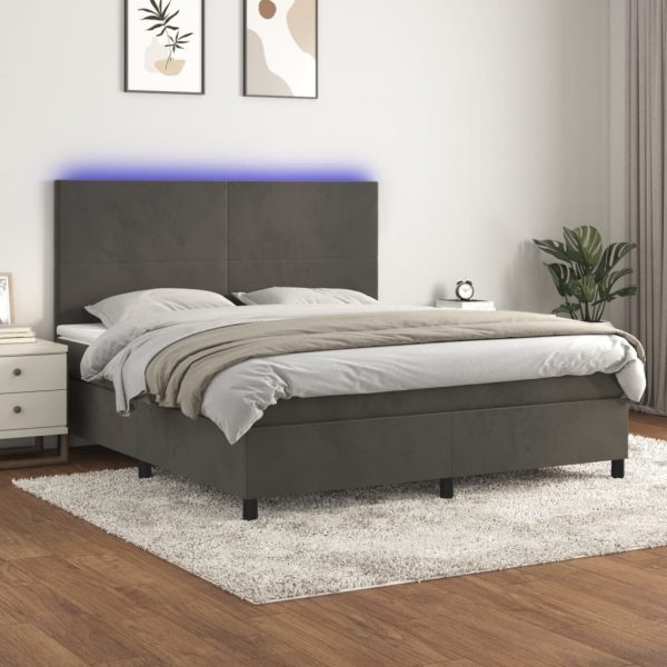 Box Spring Bed with Mattress&LED Dark Grey 152×203 cm Queen Velvet