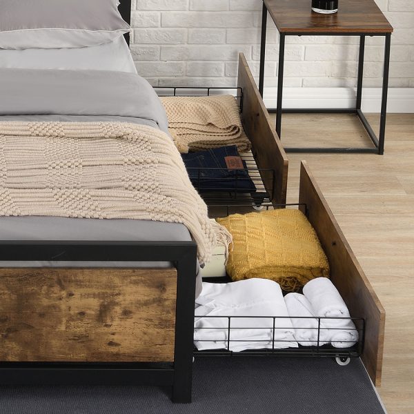 4 Double Bed Frame Storage Drawers Metal Wooden Wood Bonus Bottom Mat