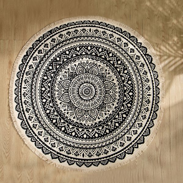 Black Carpet Soft Linen Bohemian Non-Slip Floor Retro Minimalist Round Rug Home Decor with Tassels