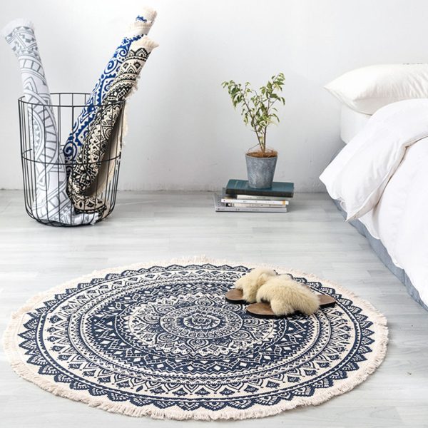 Black Carpet Soft Linen Bohemian Non-Slip Floor Retro Minimalist Round Rug Home Decor with Tassels