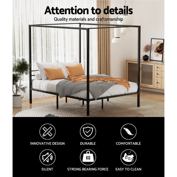Bed Frame Metal Four-poster Platform Base Double Size Black POCHY
