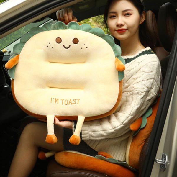 Smiley Face Toast Bread Cushion Stuffed Car Seat Plush Cartoon Back Support Pillow Home Decor