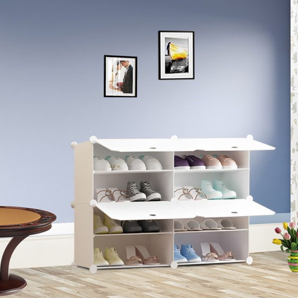 4 Tier 2 Column White Shoe Rack Organizer Sneaker Footwear Storage Stackable Stand Cabinet Portable Wardrobe with Cover