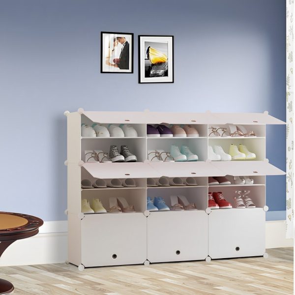 5 Tier 3 Column White Shoe Rack Organizer Sneaker Footwear Storage Stackable Stand Cabinet Portable Wardrobe with Cover