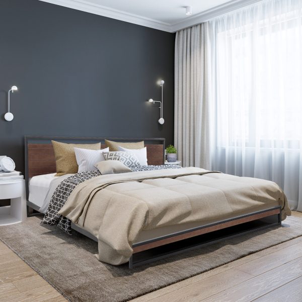 Ansonia Bed Frame With Headboard Black Wood Steel Platform Bed – Black