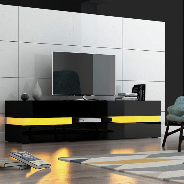 Thetford Modern High Gloss Front TV Entertainment Unit 177cm LED Storage Drawer – Black