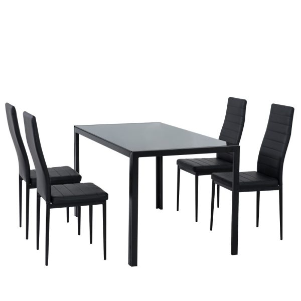 5PC Indoor Dining Table and Chairs Dinner Set Glass Leather Kitchen-Black