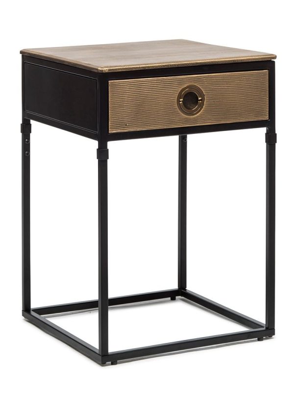 Dobbs Black Bedside Table with Storage Drawer and Gold Finished Textured Top