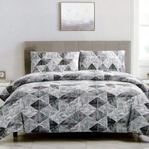 Artex Charcoal Black Avery Lines Pattern Printed Microfiber Polyester Quilt Cover Set Queen