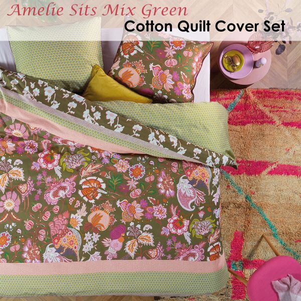 Oilily Amelie Sits Mix Green Cotton Sateen Quilt Cover Set Queen