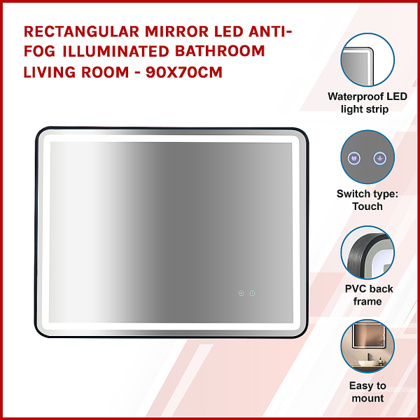 Rectangular Mirror LED Anti-Fog Illuminated Bathroom Living Room – 90x70cm