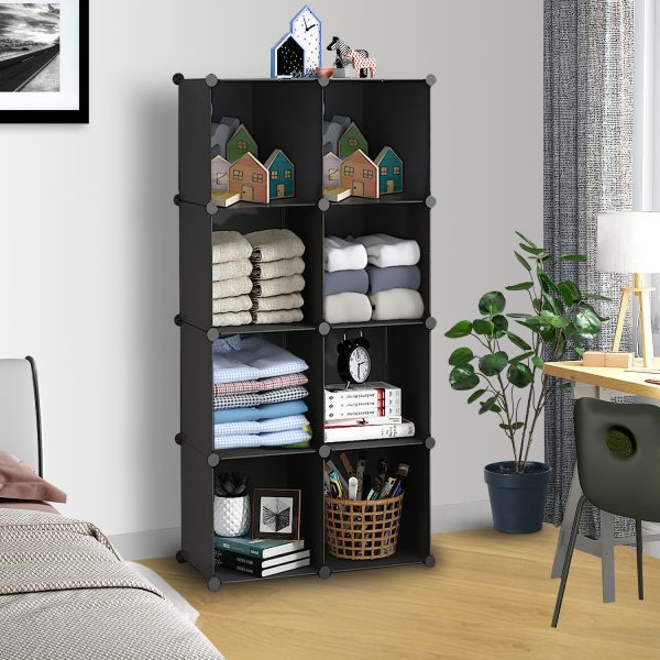 4 Tier 8-Cube Black Portable Wardrobe Divide-Grid Modular Storage Organiser Foldable Closet