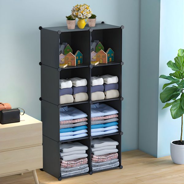 4 Tier 8-Cube Black Portable Wardrobe Divide-Grid Modular Storage Organiser Foldable Closet