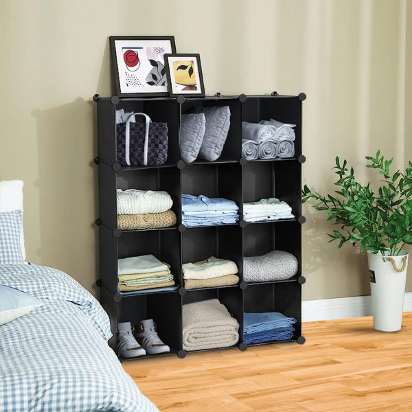 4 Tier 12-Cube Black Portable Wardrobe Divide-Grid Modular Storage Organiser Foldable Closet