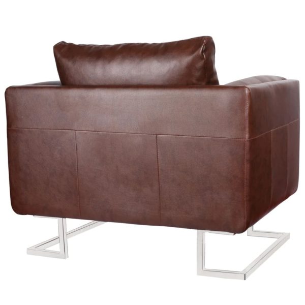 Cube Armchair with Chrome Feet Faux Leather – Brown