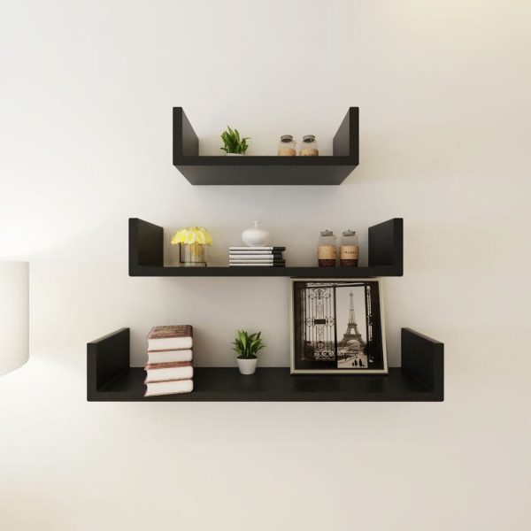 MDF U-shaped Floating Wall Display Shelves Book/DVD Storage – Black, 3