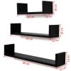 MDF U-shaped Floating Wall Display Shelves Book/DVD Storage – Black, 3