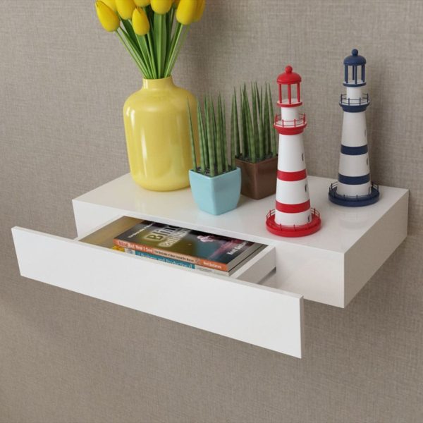 White MDF Floating Wall Display Shelf Drawer Book/DVD Storage