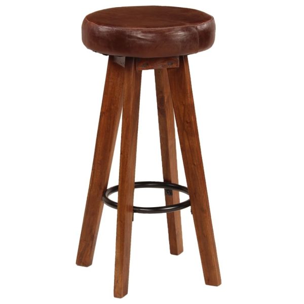 Bar Chairs 2 pcs Real Leather and Solid Acacia Wood – Dark Brown