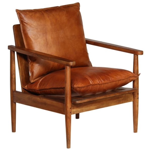 Armchair Real Leather with Acacia Wood – Brown