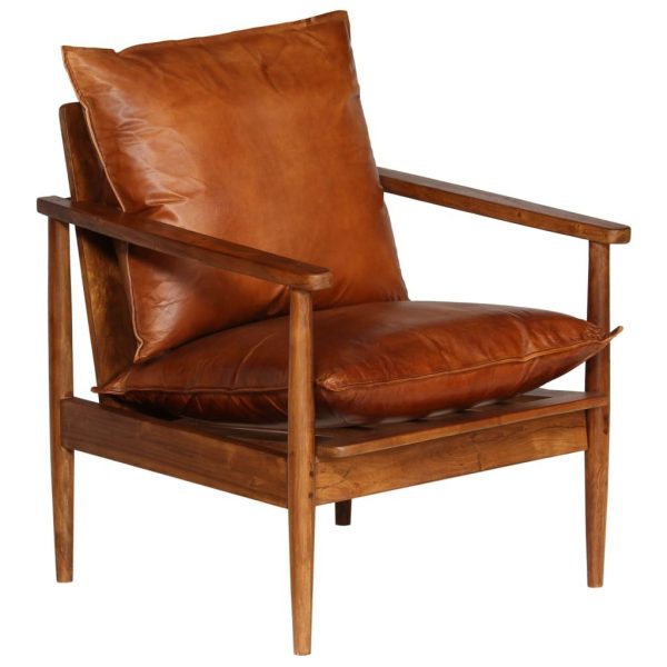 Armchair Real Leather with Acacia Wood – Brown