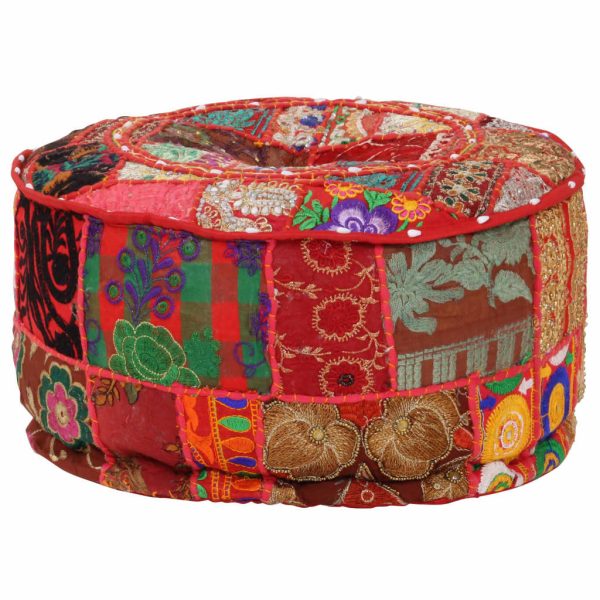 Patchwork Pouffe Round Cotton Handmade 40×20 cm – Red