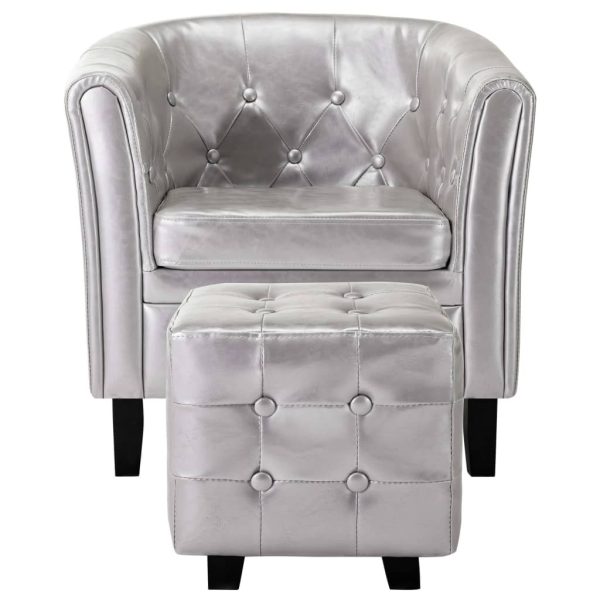 Tub Chair with Footstool Faux Leather – Silver