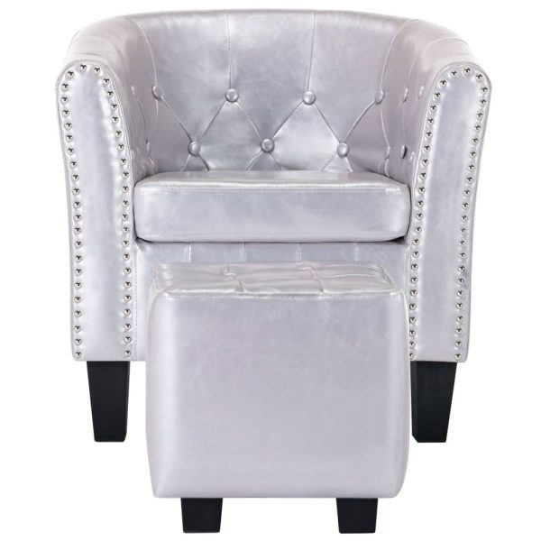 Tub Chair with Footstool Faux Leather – Silver