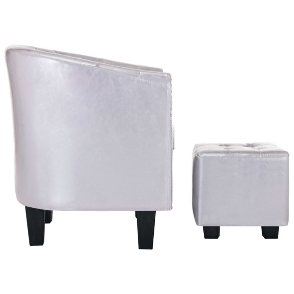 Tub Chair with Footstool Faux Leather – Silver