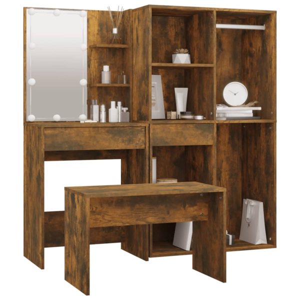 Dressing Table Set with LED Engineered Wood – Smoked Oak