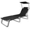 Folding Sun Lounger with Canopy Steel and Fabric – Black