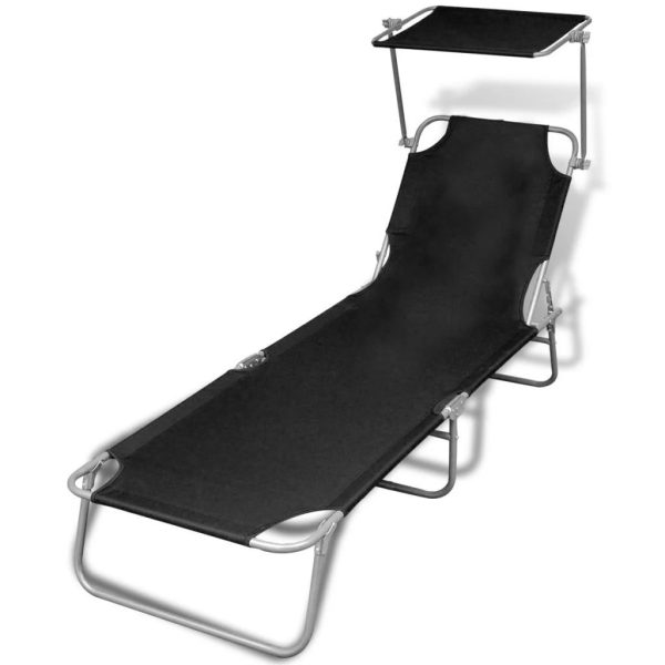 Folding Sun Lounger with Canopy Steel and Fabric – Black