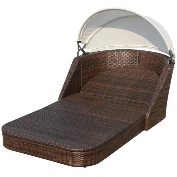 Sun Lounger with Canopy Poly Rattan – Brown