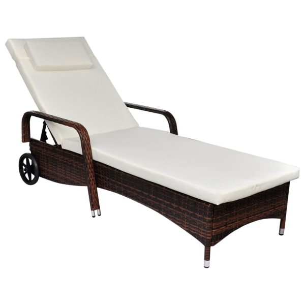 Sun Lounger with Cushion & Wheels Poly Rattan – Brown