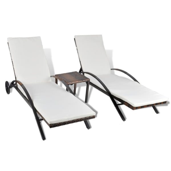 Sun Loungers with Table Poly Rattan – Brown