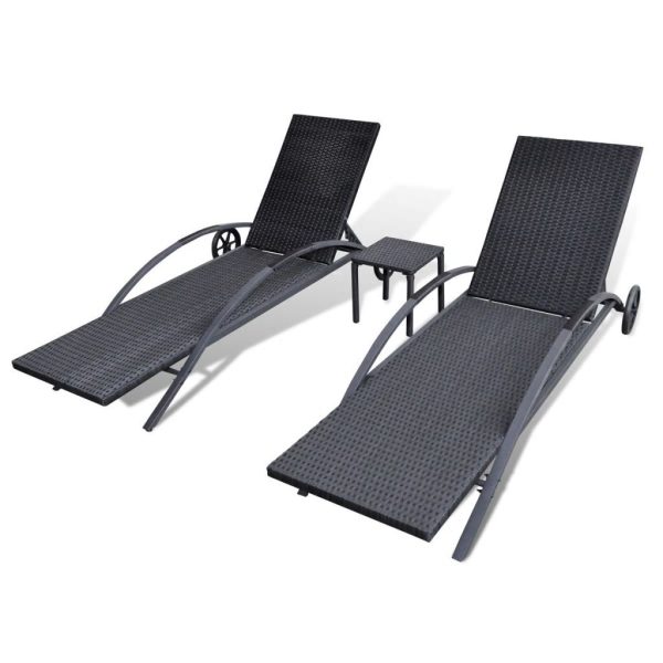 Sun Loungers with Table Poly Rattan – Black